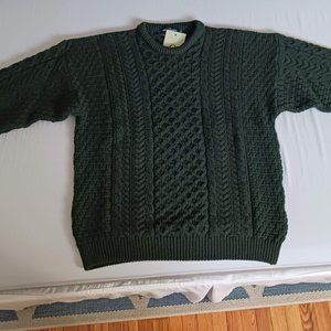 Women's Traditional Irish Aran Sweater 100% Marino Wool - Green - L - NWT